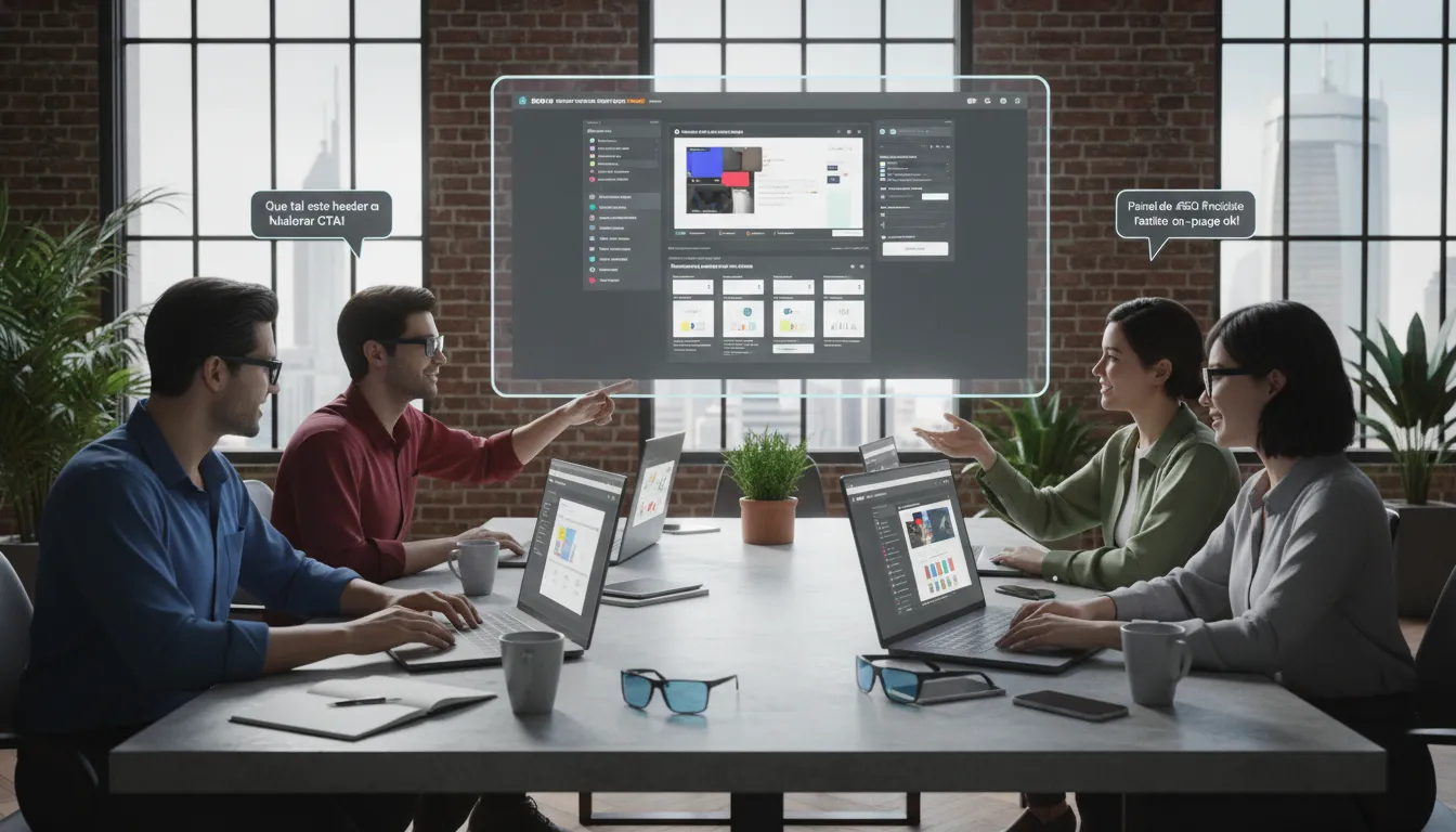 Elementor Pro 2026: Novidades e Como Criar Sites Avançados 2 Equipe colaborando em tempo real para criar site Elementor Pro 2026 com tabelas e SEO na tela.