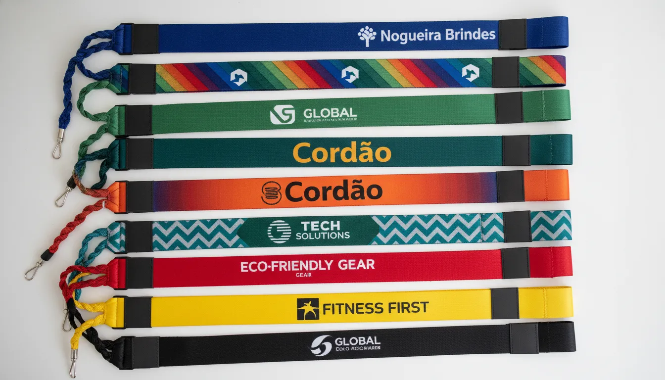 Imagem aérea de diversos modelos de cordão para crachá personalizado da Nogueira Brindes dispostos sobre uma superfície branca.