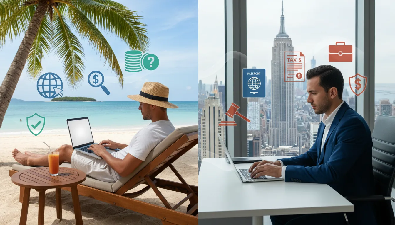 Tela dividida: trabalho remoto x escritório nos EUA, explorando se preciso morar nos EUA para abrir empresa.