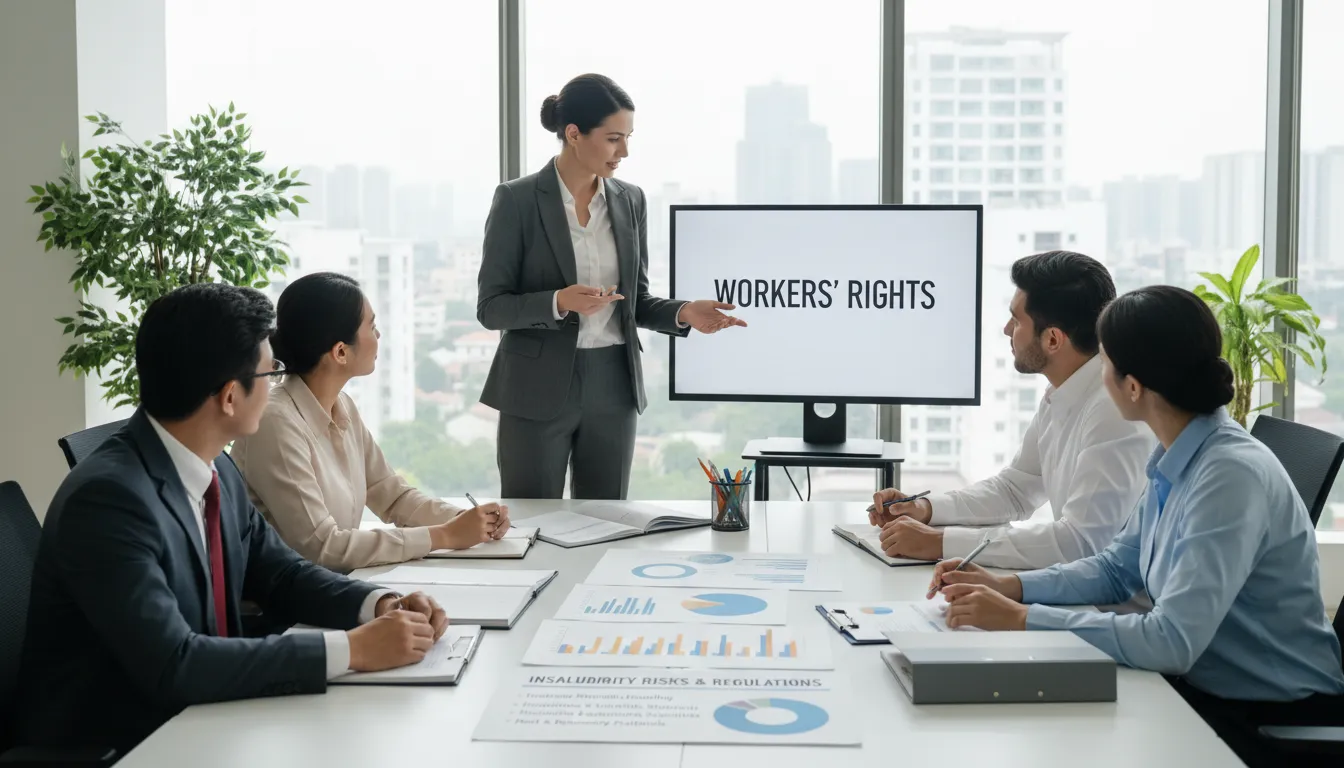 Advogado trabalhista orientando grupo de profissionais sobre direitos ao adicional de insalubridade.