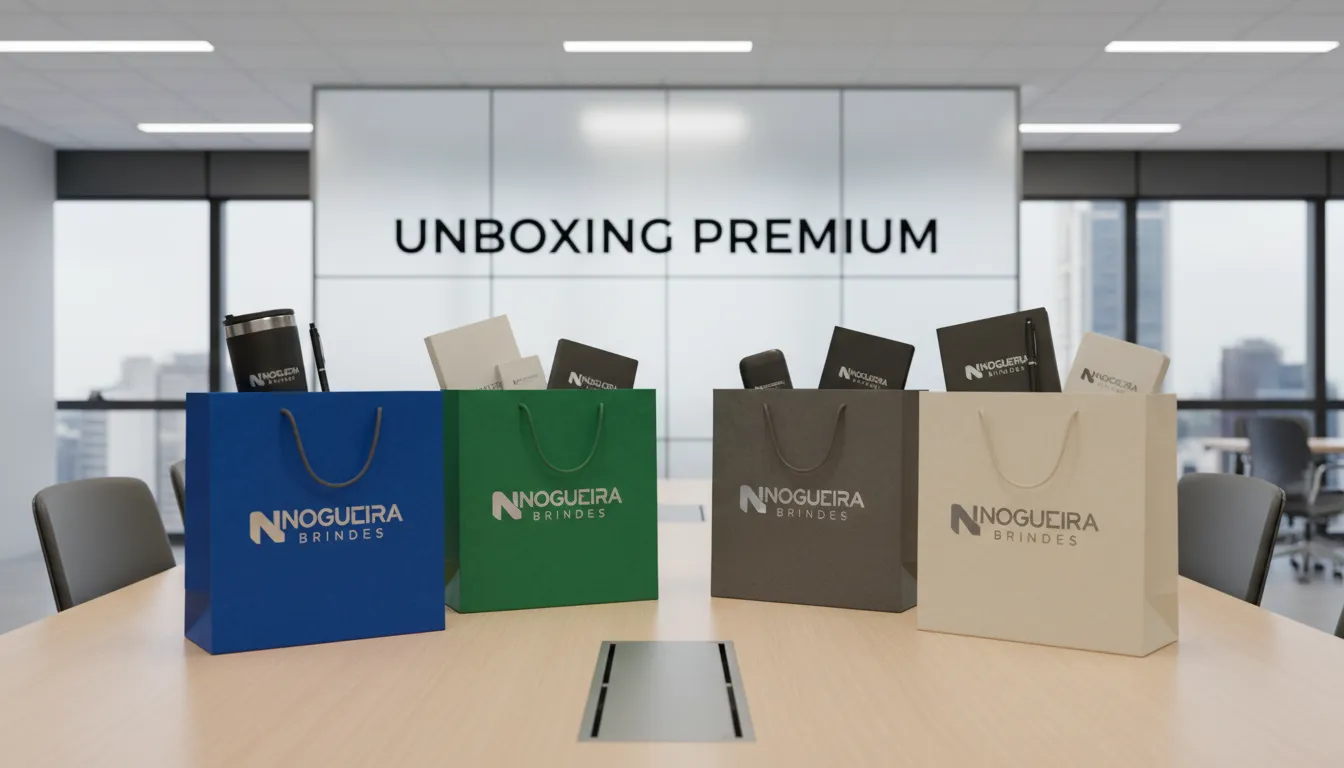 Diversas sacolas de papel personalizadas da Nogueira Brindes com produtos promocionais em ambiente de escritório moderno, enfatizando experiência de unboxing.