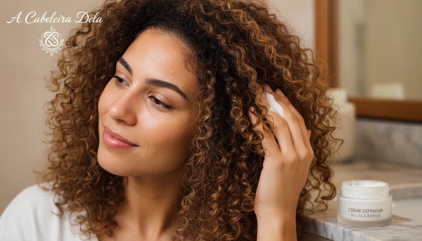Mulher com cabelo cacheado aplicando creme finalizador, realçando definição e volume dos cachos. Essencial para finalizadores para cabelo.