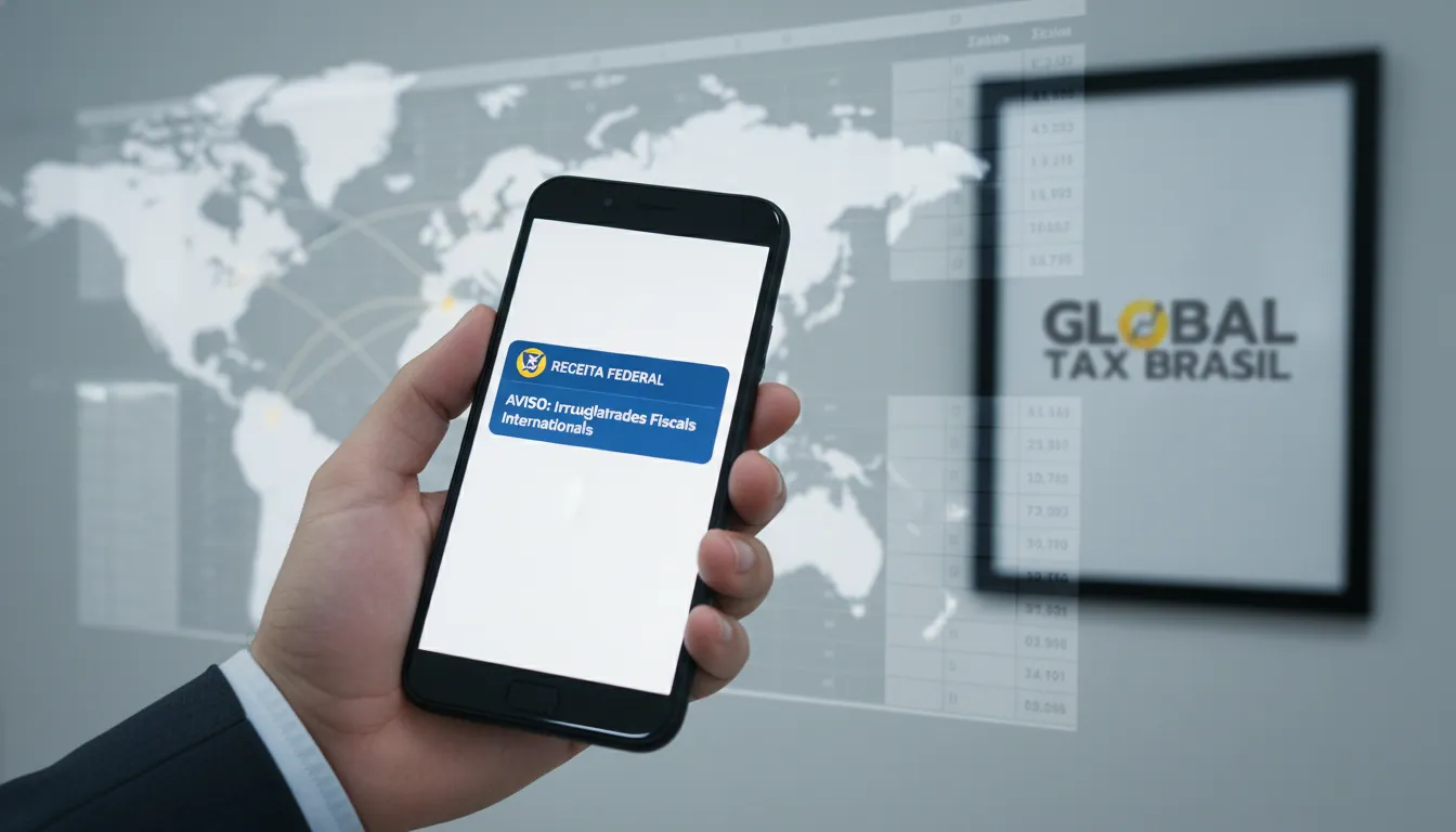 Notificação da Receita Federal em smartphone sobre irregularidades fiscais e conta no exterior não declarada.