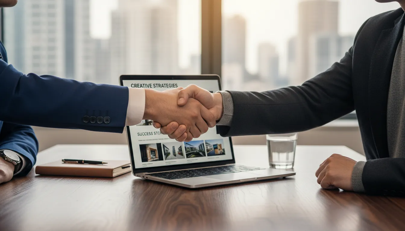 Site para Agência: Portfólio Que Atrai Clientes Premium 3 Aperto de mão entre consultor de agência e cliente premium, portfólio aberto no notebook, destacando confiança