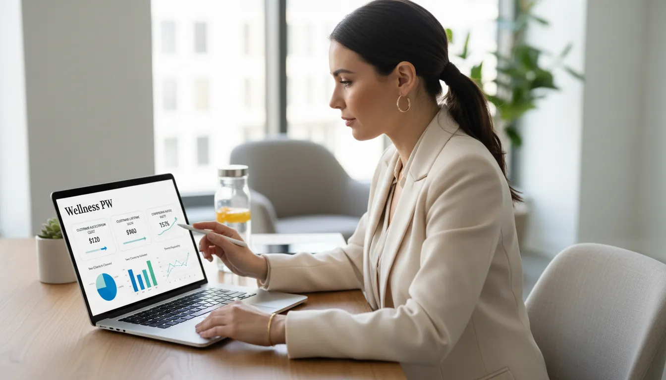 Empresária do setor de bem-estar analisando métricas da base de clientes para tomada de decisões estratégicas.