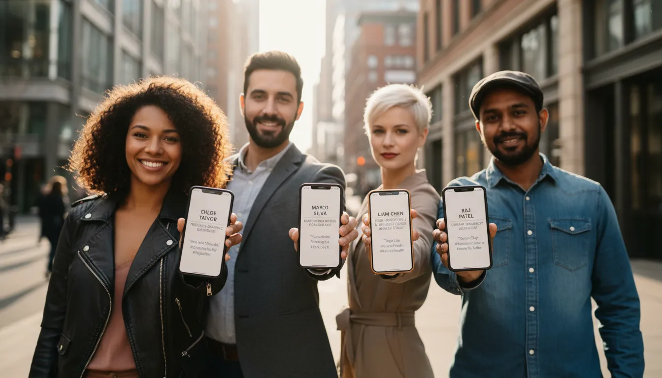 Templates de Bio para Profissionais Liberais em Site e Redes Sociais 1 Vários profissionais usando smartphones e exibindo bios em redes sociais e sites.