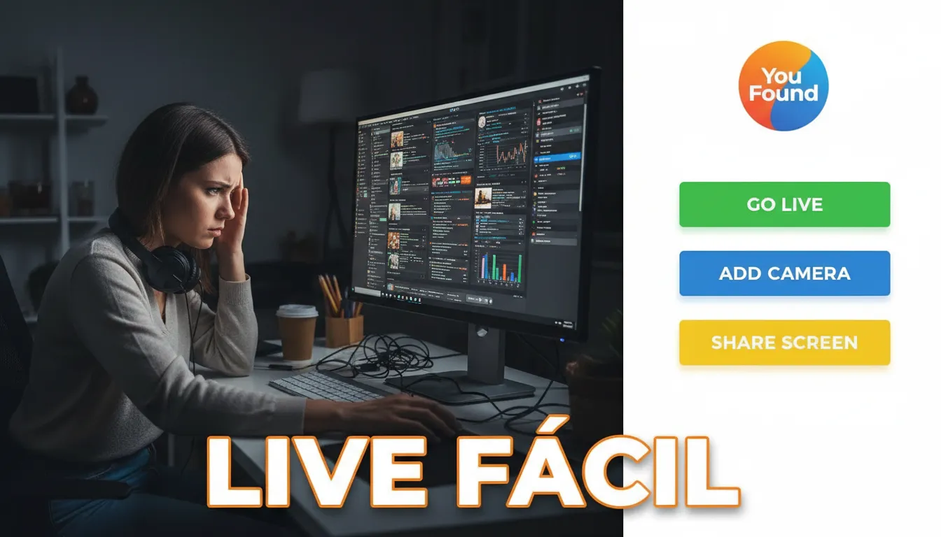Interface intuitiva da You Found simplifica o processo de live streaming, contrastando com softwares complexos e promovendo facilidade.