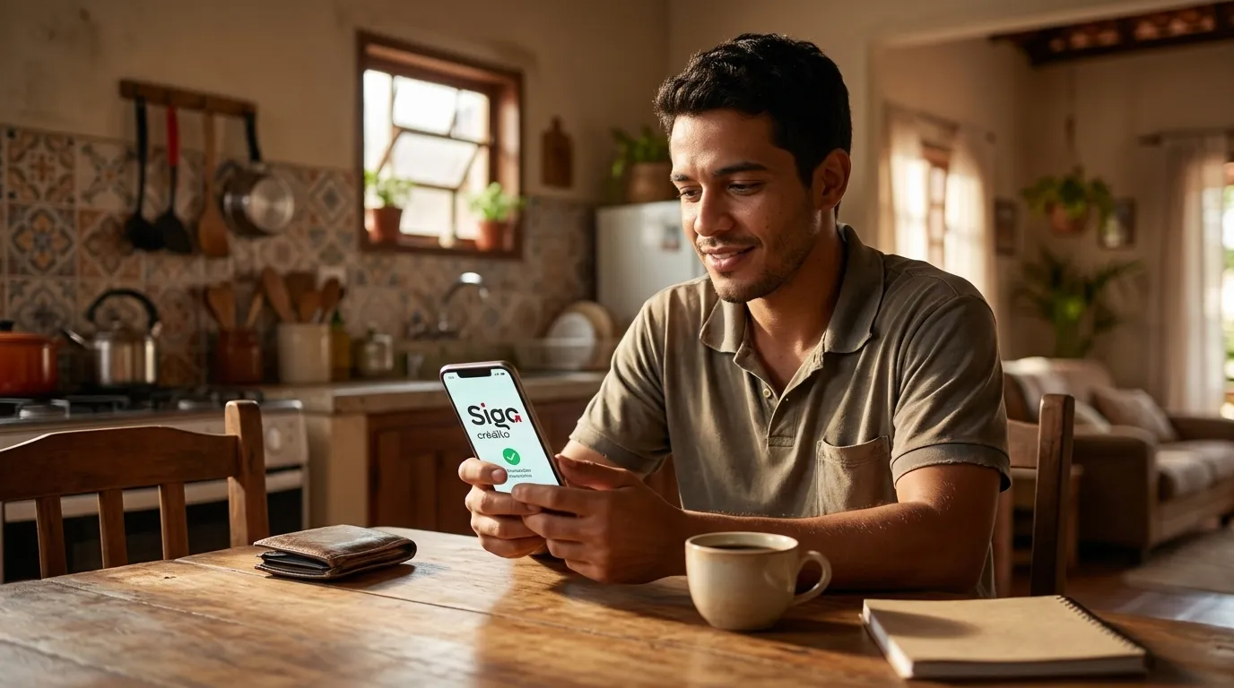 Trabalhador autônomo usando celular para solicitar empréstimo online rápido e seguro de casa.