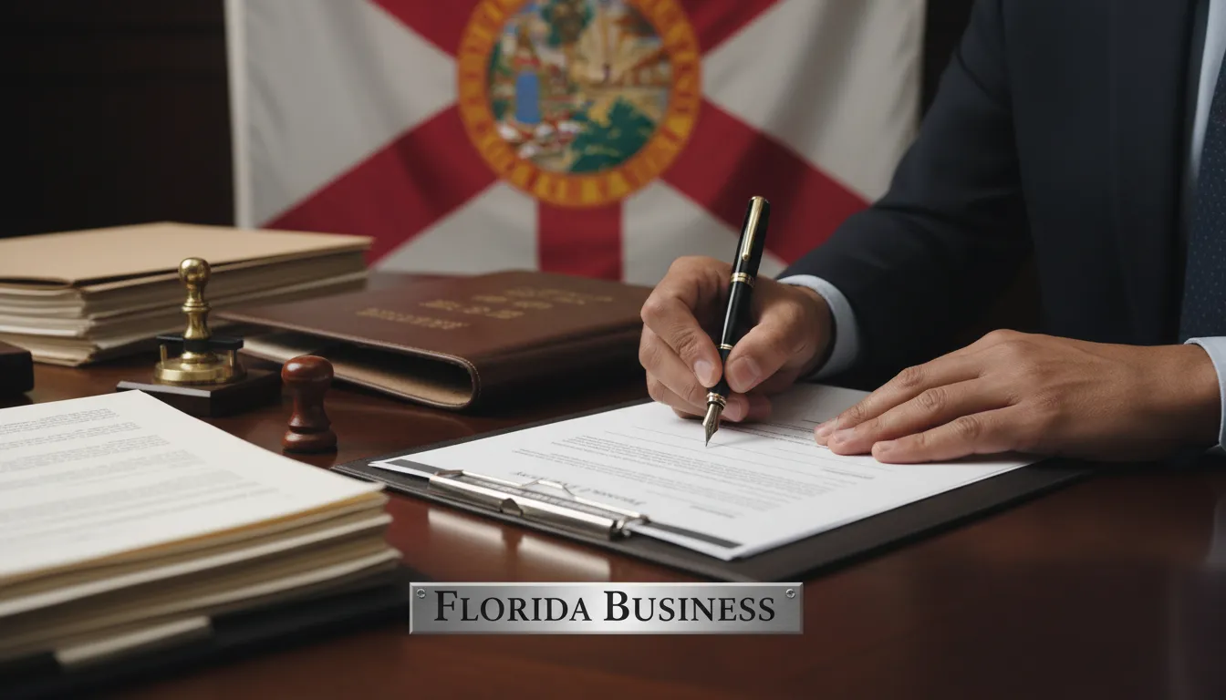Manos firmando documentos legales con la bandera de Florida, representando el proceso de 'Como abrir una empresa en Florida'.