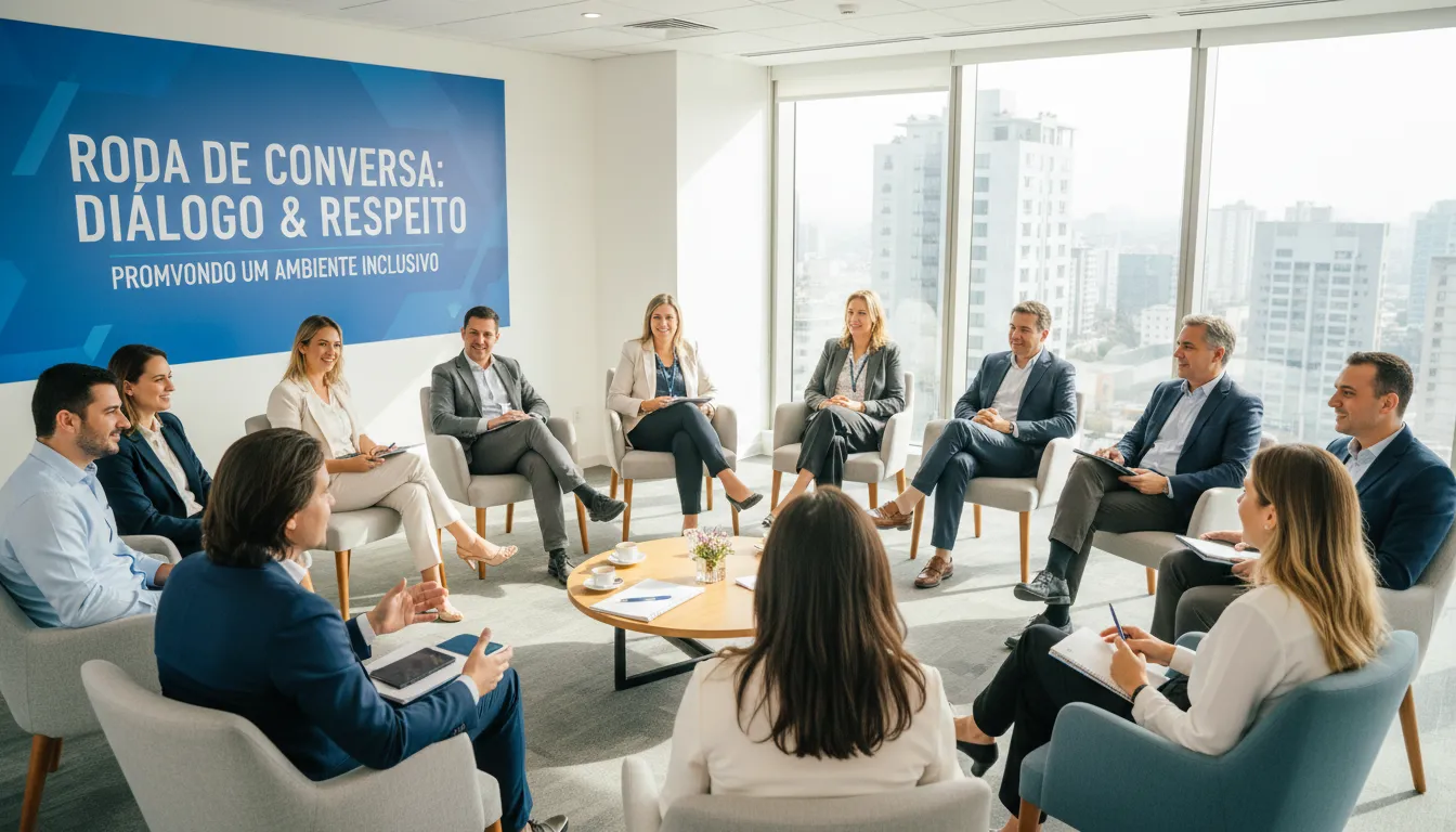 Gestores em roda de conversa promovendo respeito, inclusão e diálogo no ambiente de trabalho.
