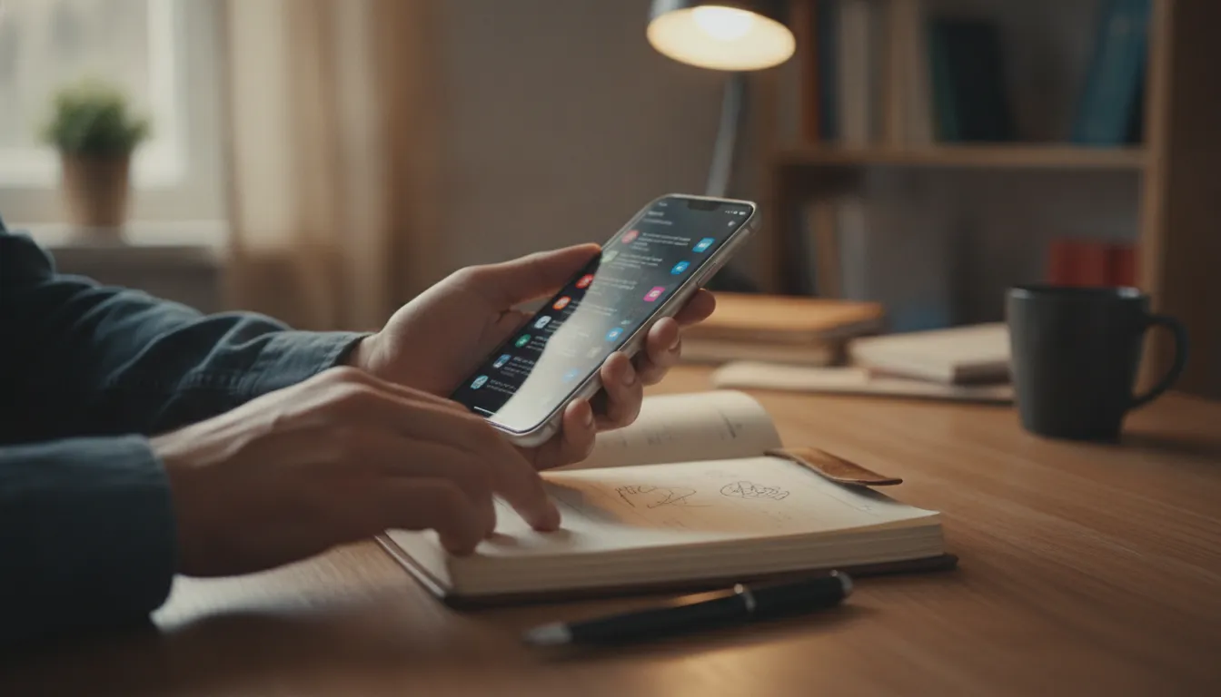 Mãos de pessoa divididas entre smartphone com distração e caderno, ilustrando a luta por foco e atenção.