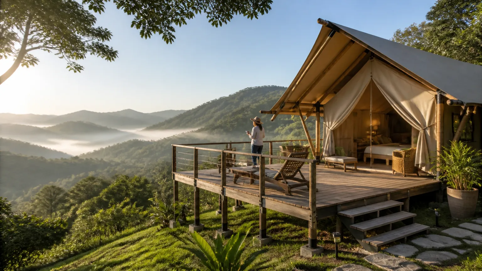 Tenda glamping montada em deck de madeira com vista panorâmica para montanhas