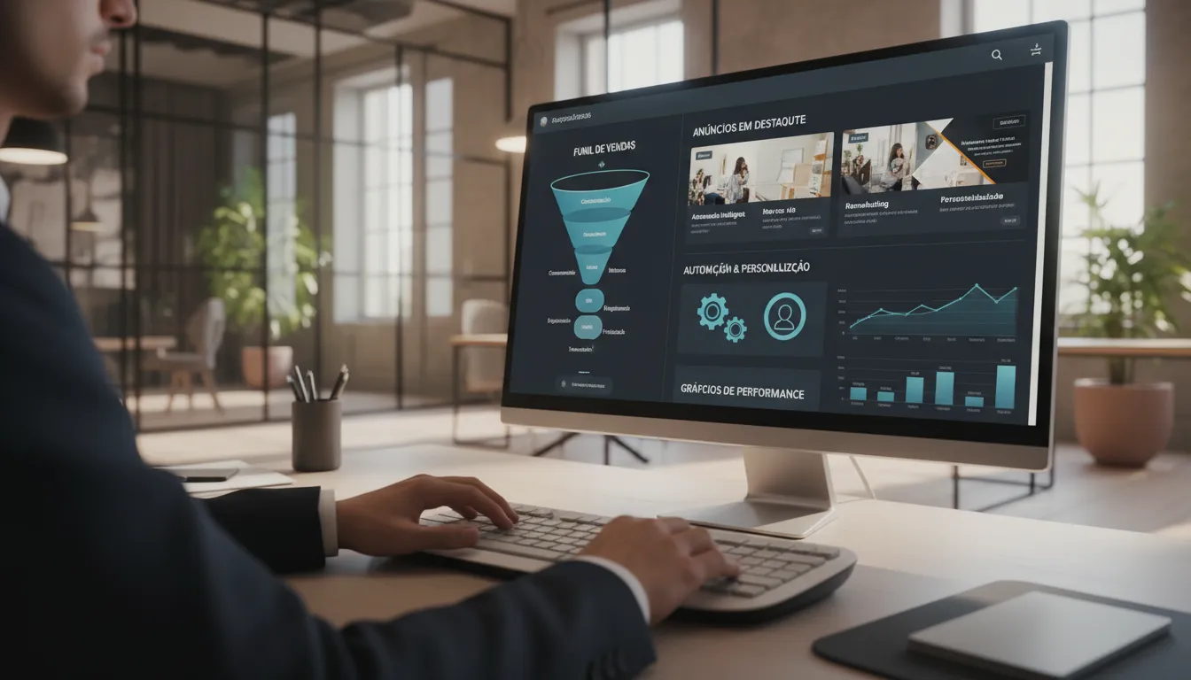 Dashboard avançado de marketing digital exibindo funil de vendas e personalização de campanhas.