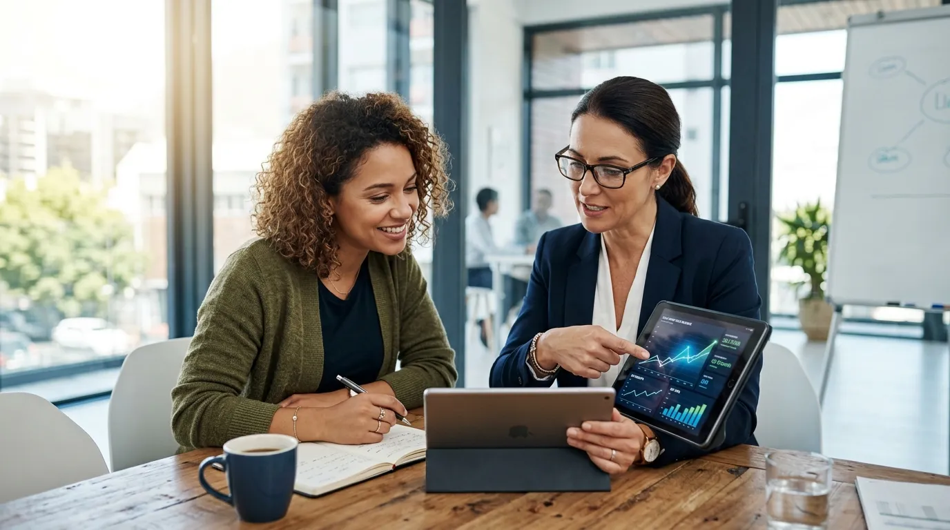 Consultor de negócios analisando dados de fluxo de caixa em tablet com cliente em sala de reunião.