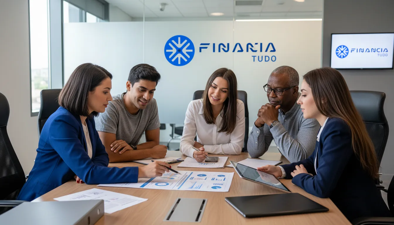 Pessoas reunidas com consultor Financia Tudo, analisando opções de financiamento imobiliário entrada baixa em documentos financeiros.