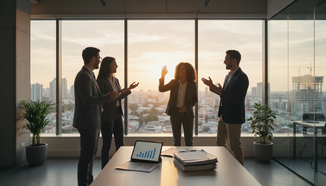 A diverse business team celebrates success, looking towards future growth unlocked by diligently declaring business taxes in the US.