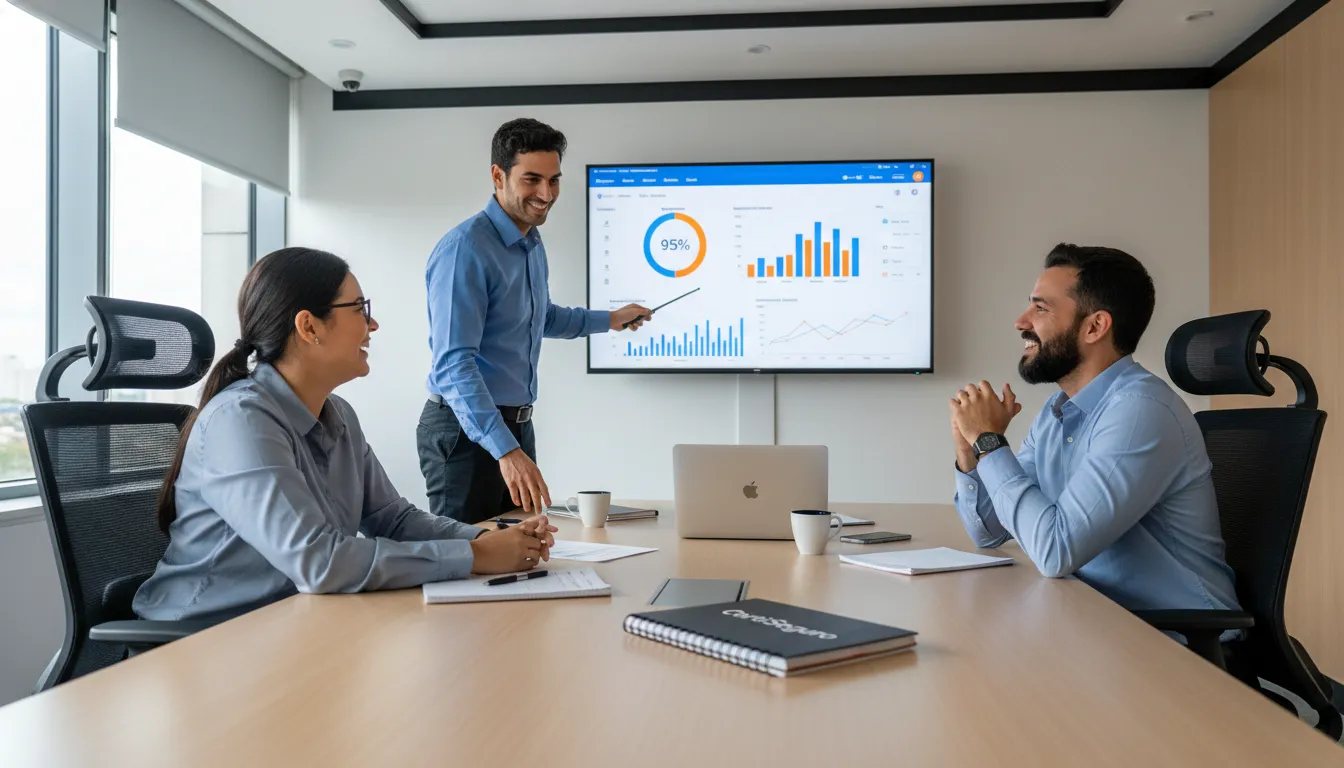 Equipe contábil colabora, visualizando dashboard de automação e eficiência na emissao de notas fiscais.