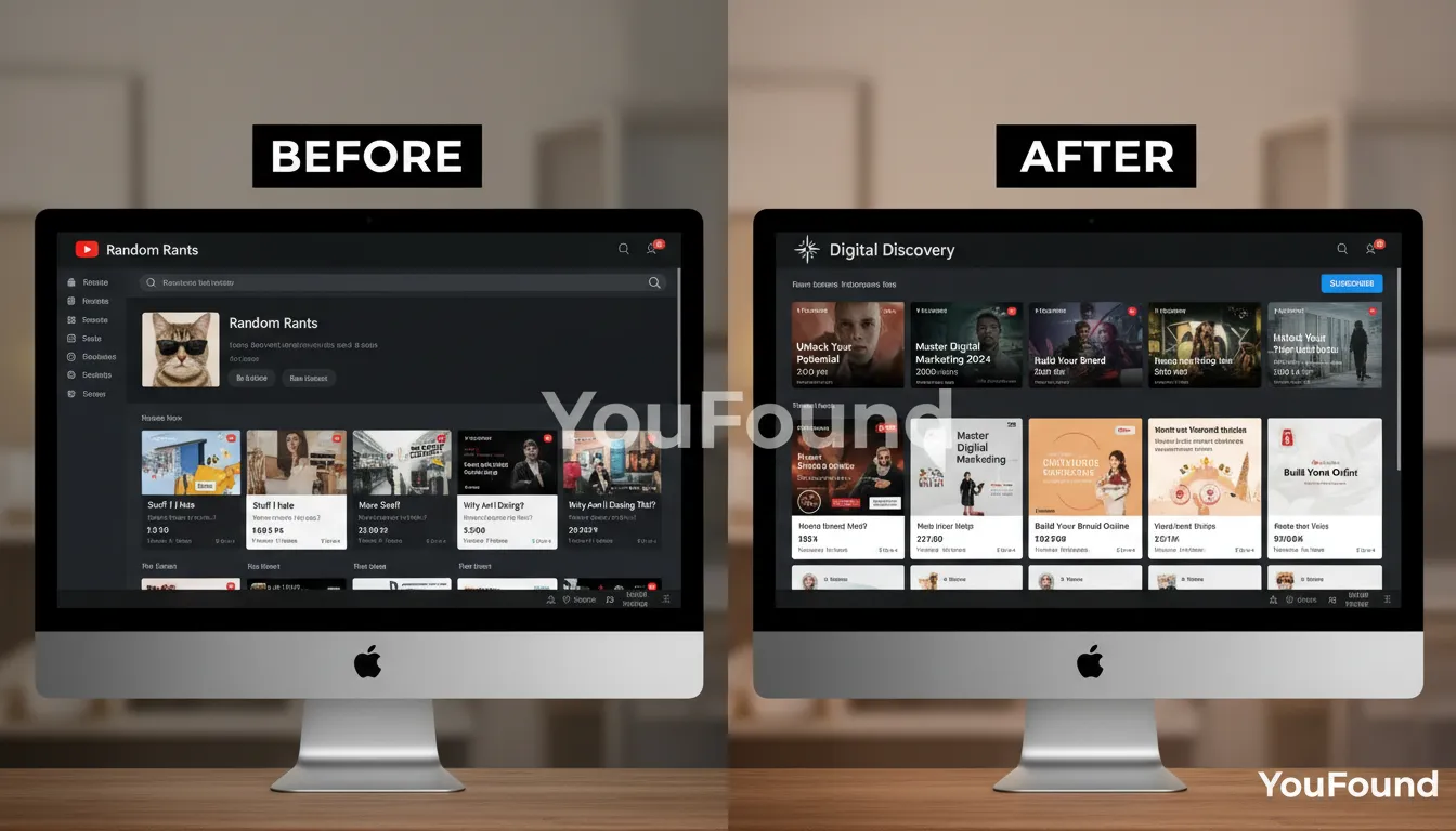 Transformação de um canal do YouTube após consultoria YouFound, impulsionando a visibilidade do infoproduto.