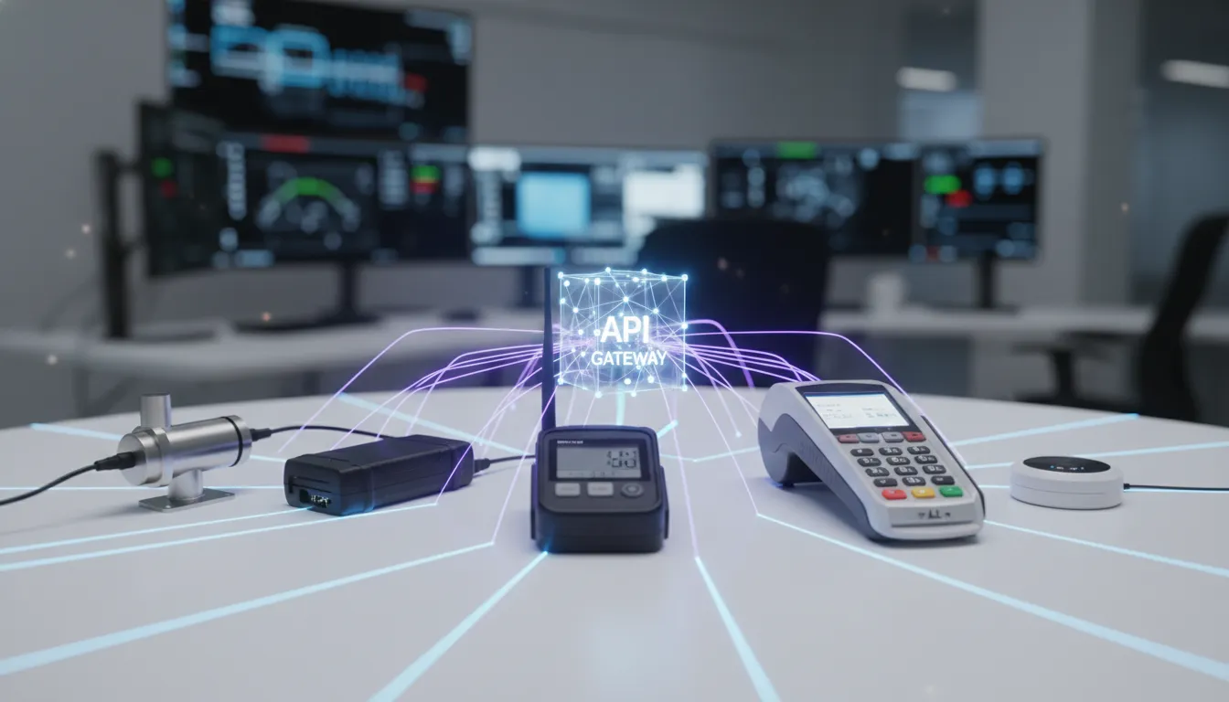 Dispositivos IoT conectados por API central. Conectividade M2M Datatem para gestão de frota, segurança e automação.
