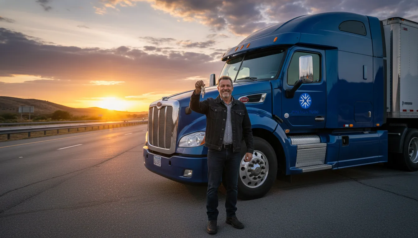 Caminhoneiro autônomo orgulhoso em frente ao seu novo caminhão, financiado com auxílio para financiamento de caminhão para autônomos da Financia Tudo.