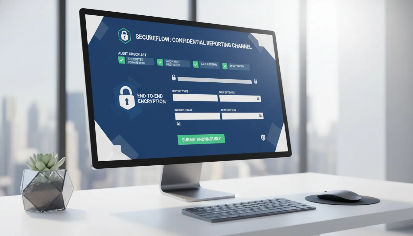 Canal de denúncias digital seguro, com ícones de segurança e checklist de auditoria
