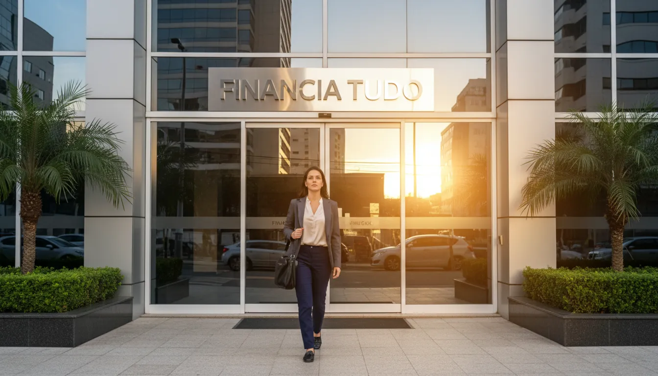 Pessoa entrando em prédio comercial moderno, simbolizando o primeiro passo para usar refinanciamento de imóvel para investir com a Financia Tudo.