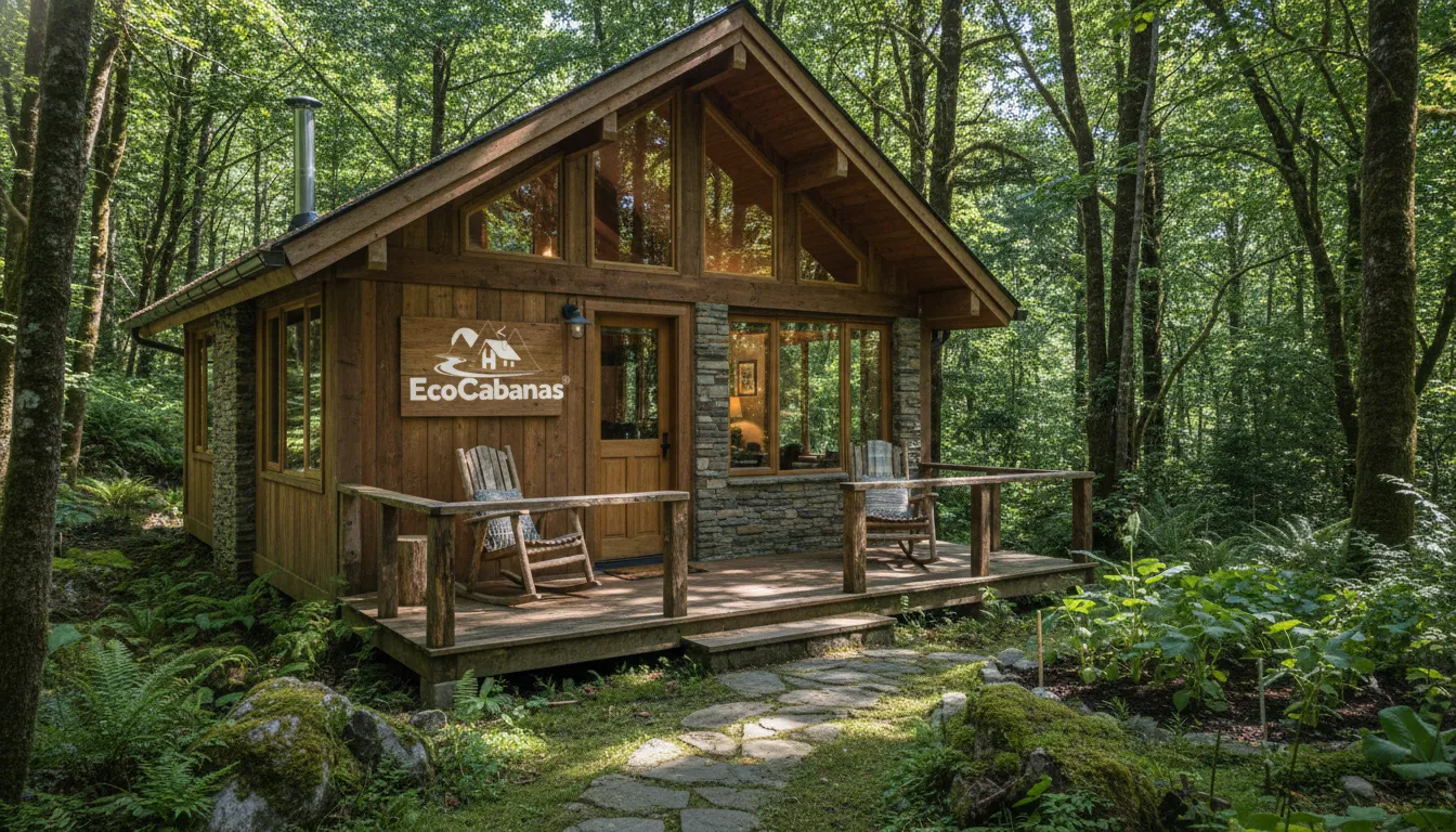 Cabana ecológica charmosa com decoração farmhouse no exterior, cercada por floresta exuberante.