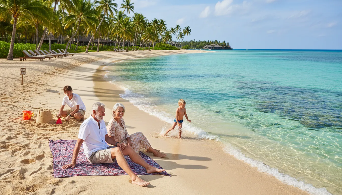 Família relaxando em uma praia tropical após a resolução de um problema de overbooking, graças ao suporte da Viagente.