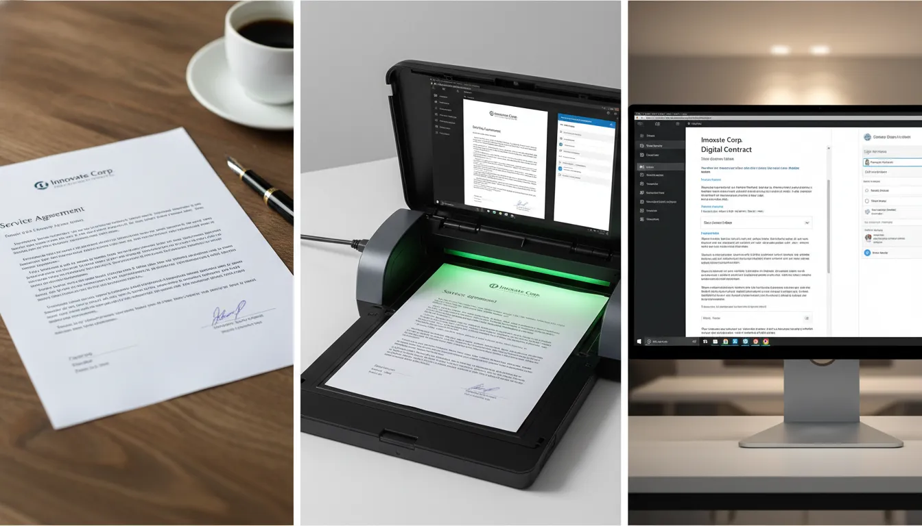 Comparação visual entre documento físico, digitalizado e nato-digital.