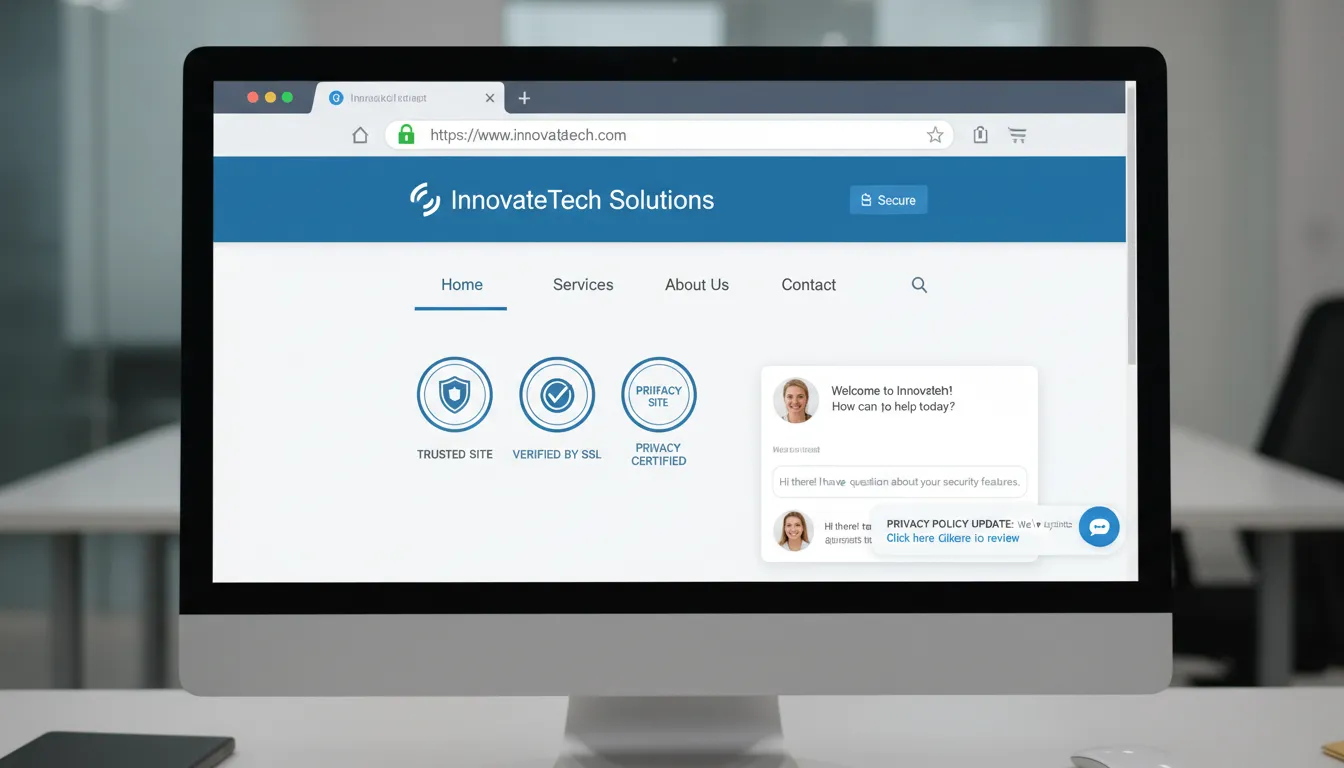 Site que Converte em 2026: Elementos Obrigatórios 2 Site empresarial seguro exibindo selos de confiança, política de privacidade e chat online interativo.