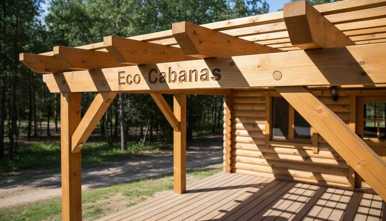 Close-up da estrutura de um pergolado de madeira, construído com pinus tratado, em uma cabana da Eco Cabanas. Detalhe do trabalho artesanal e o interessante jogo de luz e sombra.