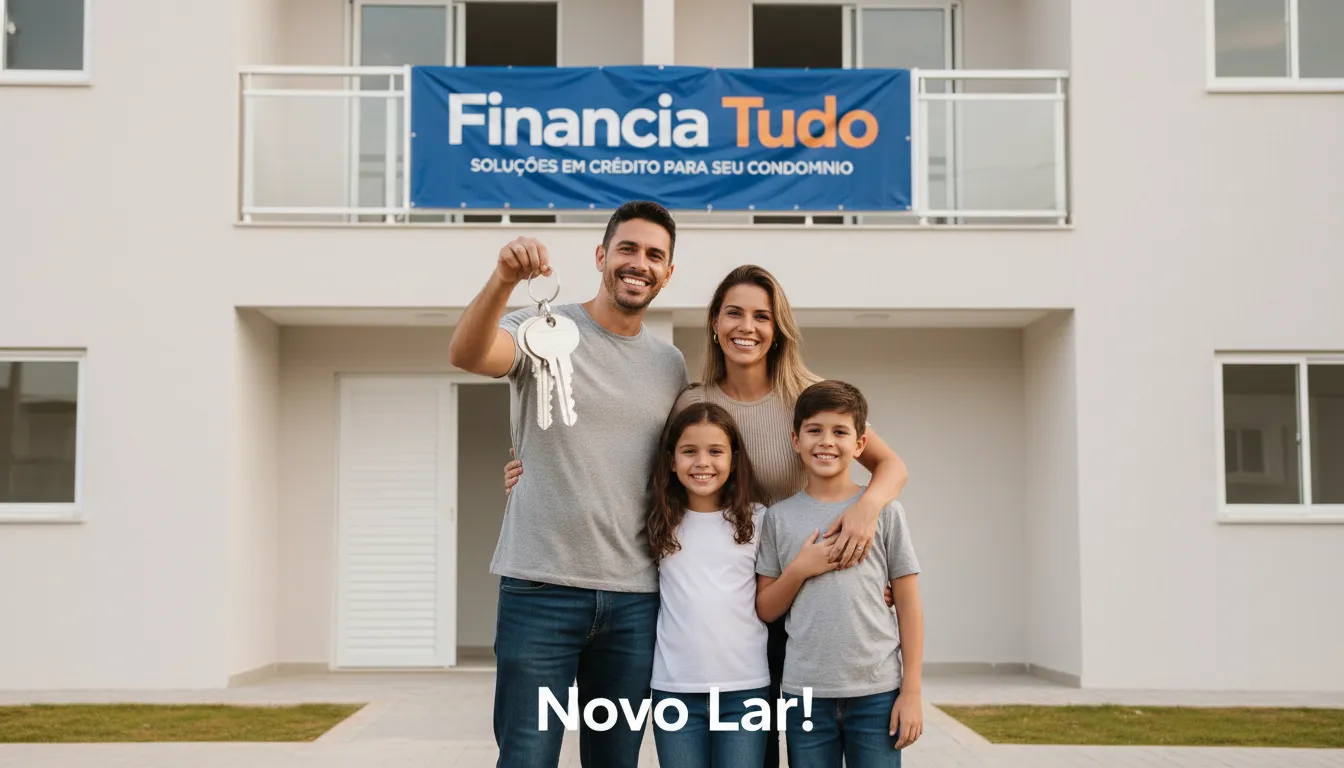 Família satisfeita em frente ao condomínio recém-reformado, financiado com empréstimo para condomínios da Financia Tudo.