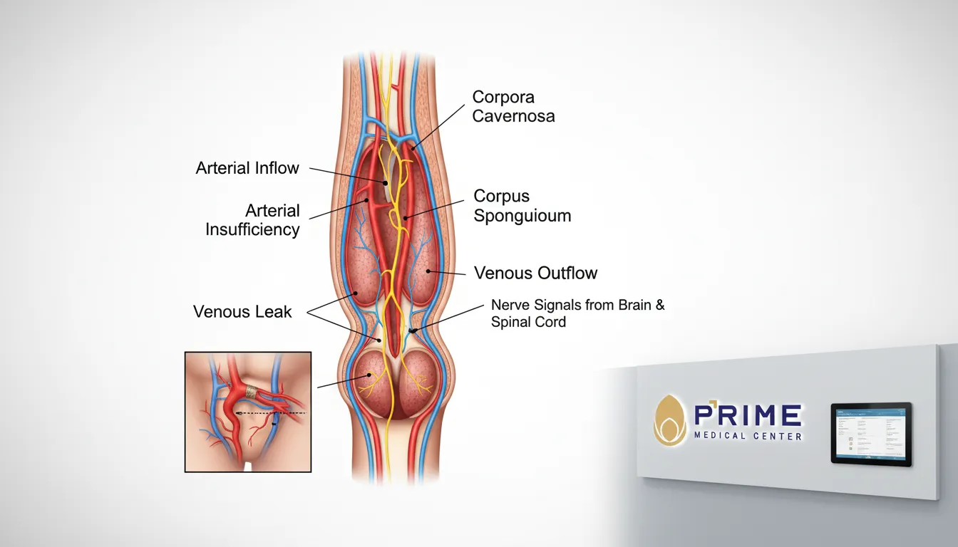 Ilustração médica detalhada dos vasos sanguíneos e nervos afetados pela disfunção erétil jovem, com foco nas causas fisiológicas.
