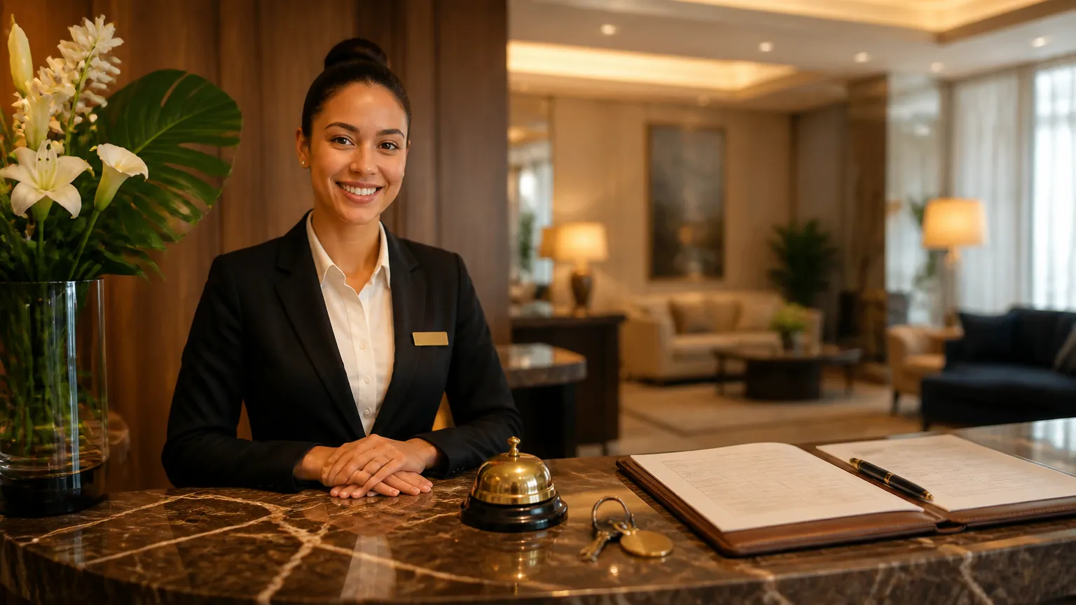Recepção hoteleira organizada refletindo se hotel paga muito imposto nacional.