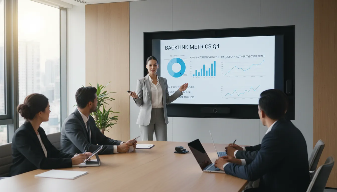 Profissional apresentando métricas de backlinks e gráficos em sala de reunião moderna