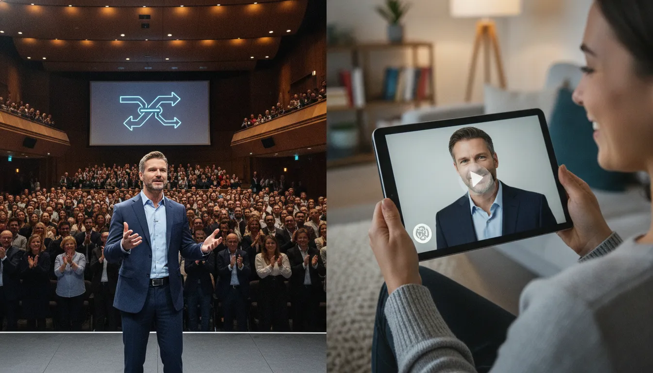 Palestrante em palco lotado e vídeo YouTube em tablet, mostrando impacto e alcance digital.