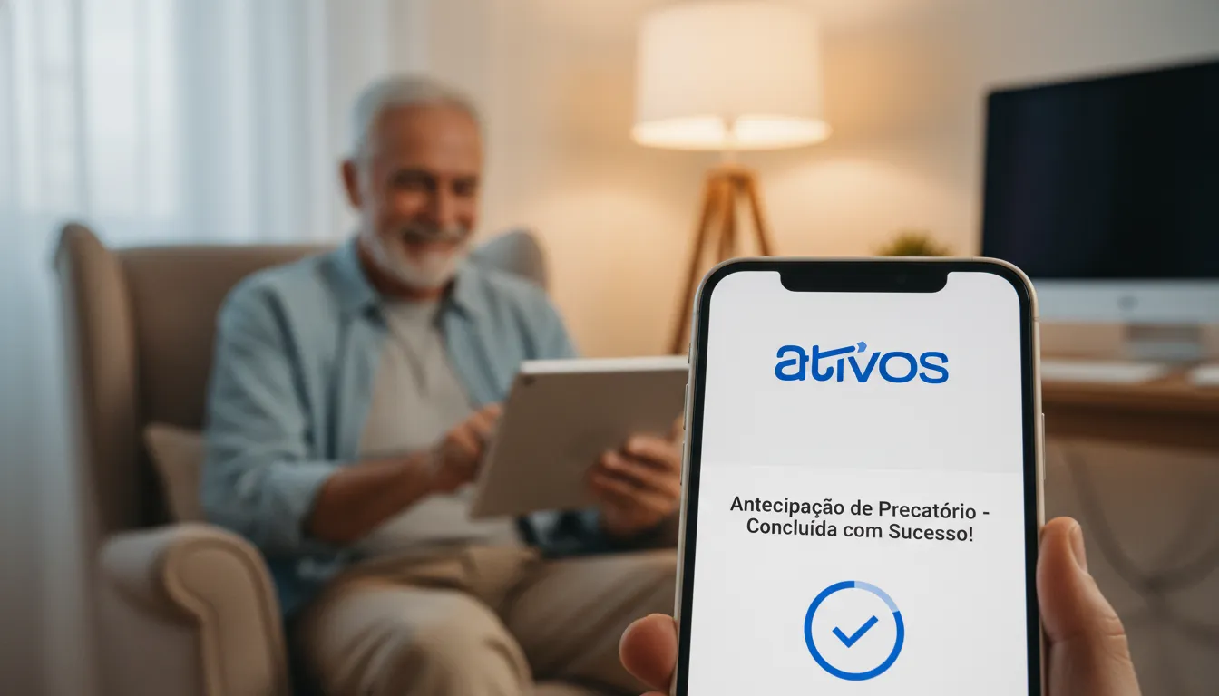 Tela smartphone com transação segura Ativos, antecipação de precatório alimentar, pessoa feliz ao fundo.