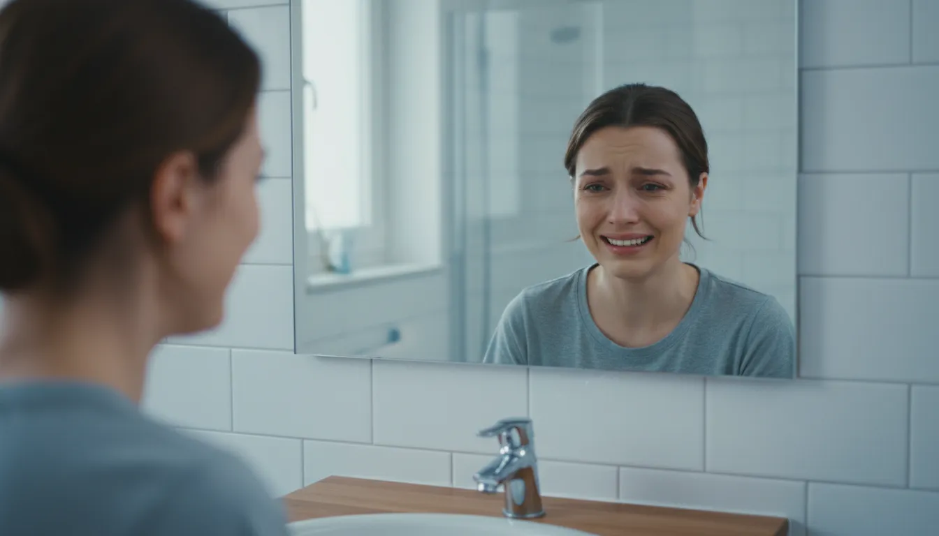 Mãe olha espelho, rosto cansado, tentando forçar sorriso, refletindo a sobrecarga emocional e pressão.