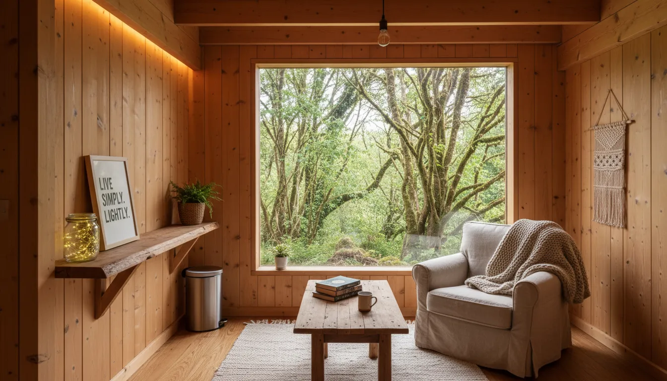 Interior de cabana ecológica com decoração rústica e vista para o verde.