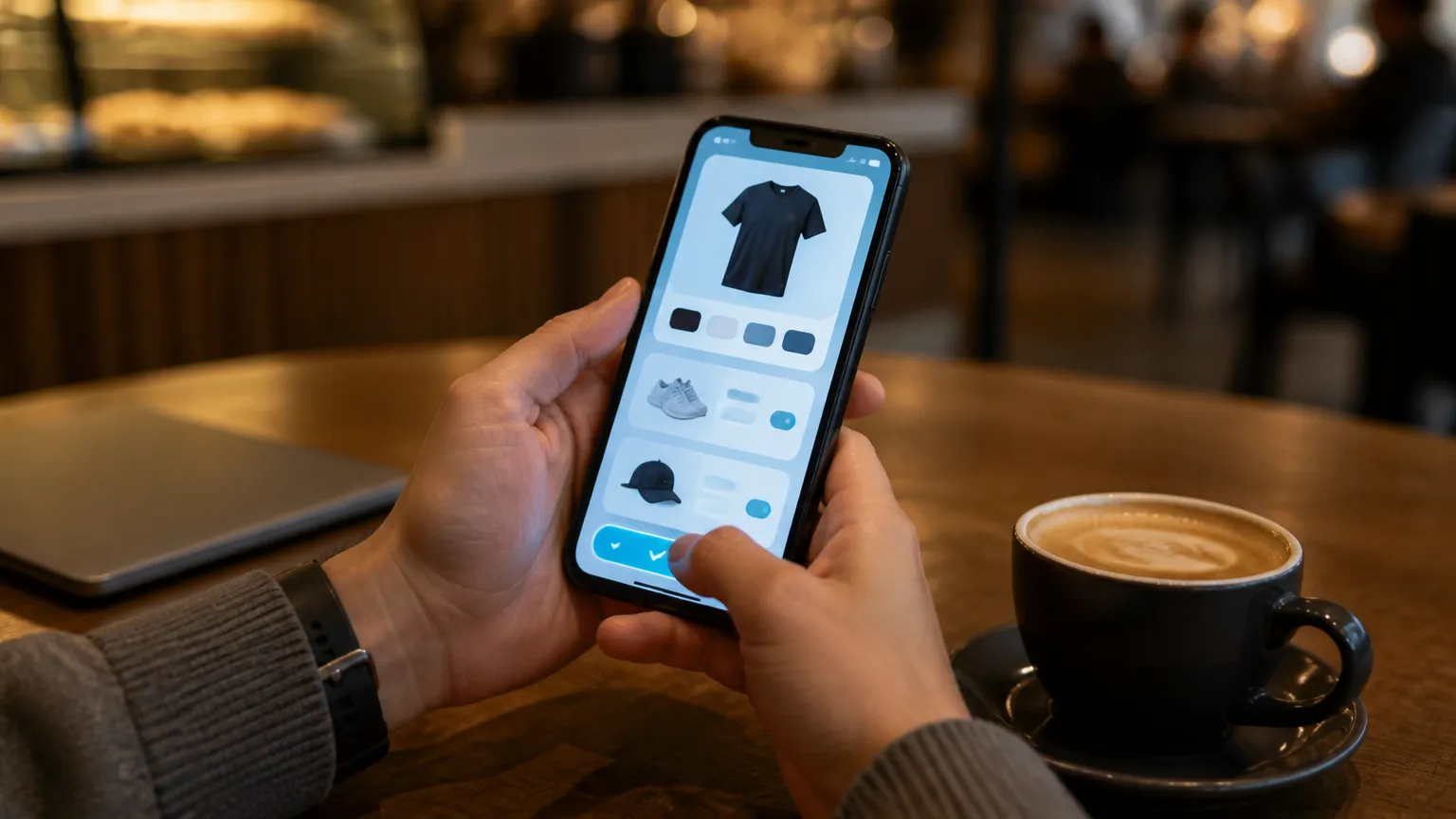 Cliente finalizando compra rápida utilizando app mobile intuitivo no smartphone.