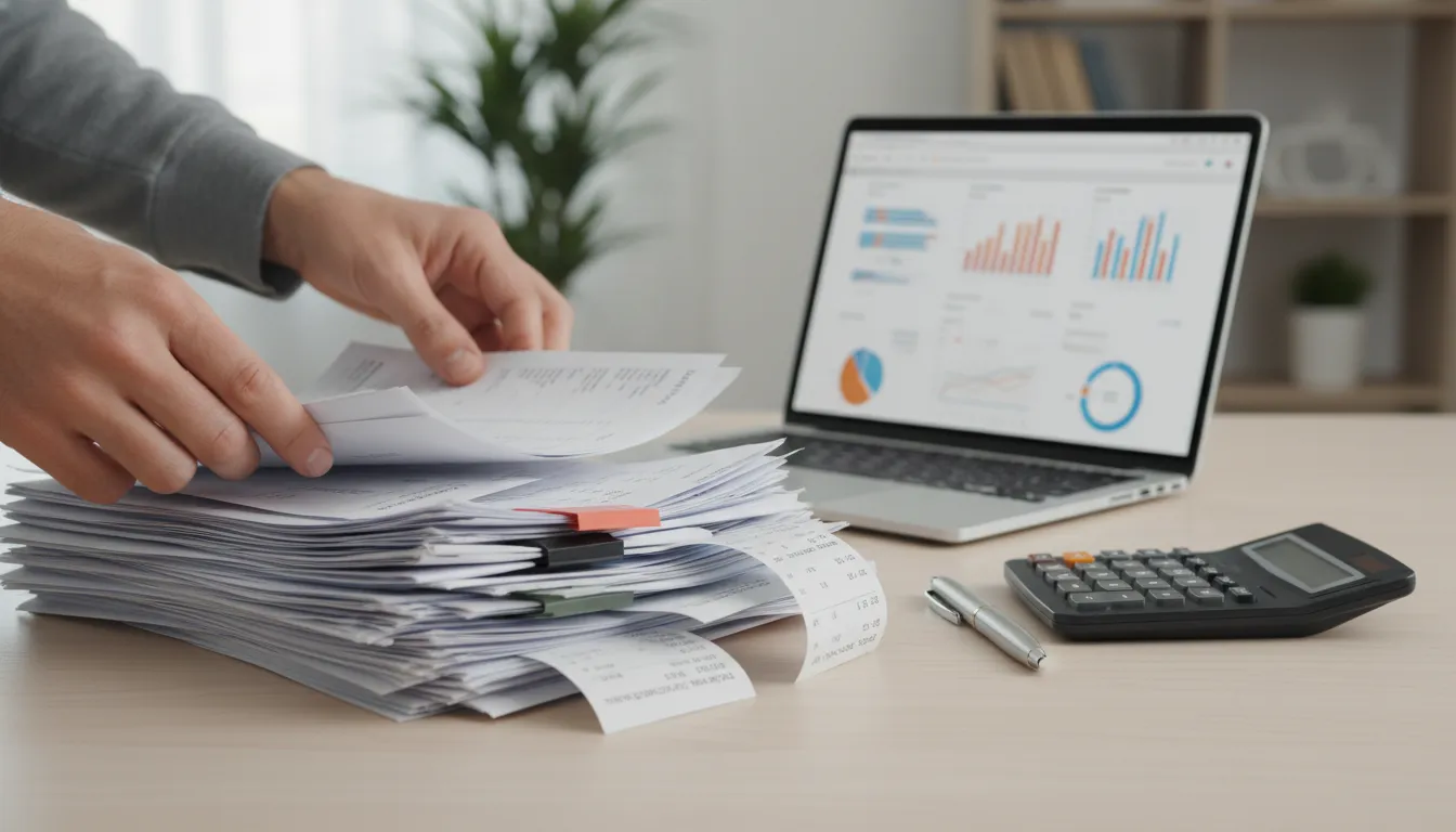 Mãos organizam documentos financeiros da empresa, preparando finanças para buscar crédito.