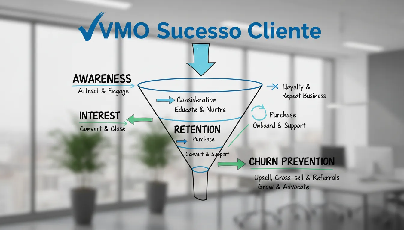 Funil de vendas ilustra a jornada do cliente, enfatizando cada etapa para retenção, expansão e prevenção de churn, com foco no customer success da Vender Mais Online.