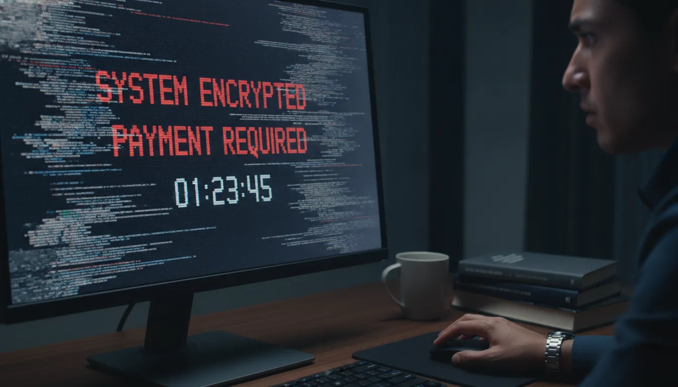 Usuário frustrado diante de tela de computador com mensagem de ransomware, indicando ataque de malware.