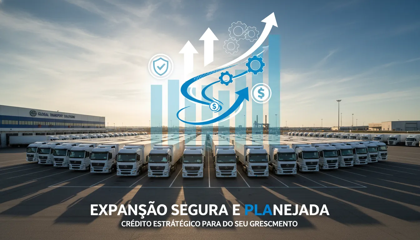 Frota de caminhões em pátio com símbolos de crescimento, ilustrando expansão via crédito com garantia.