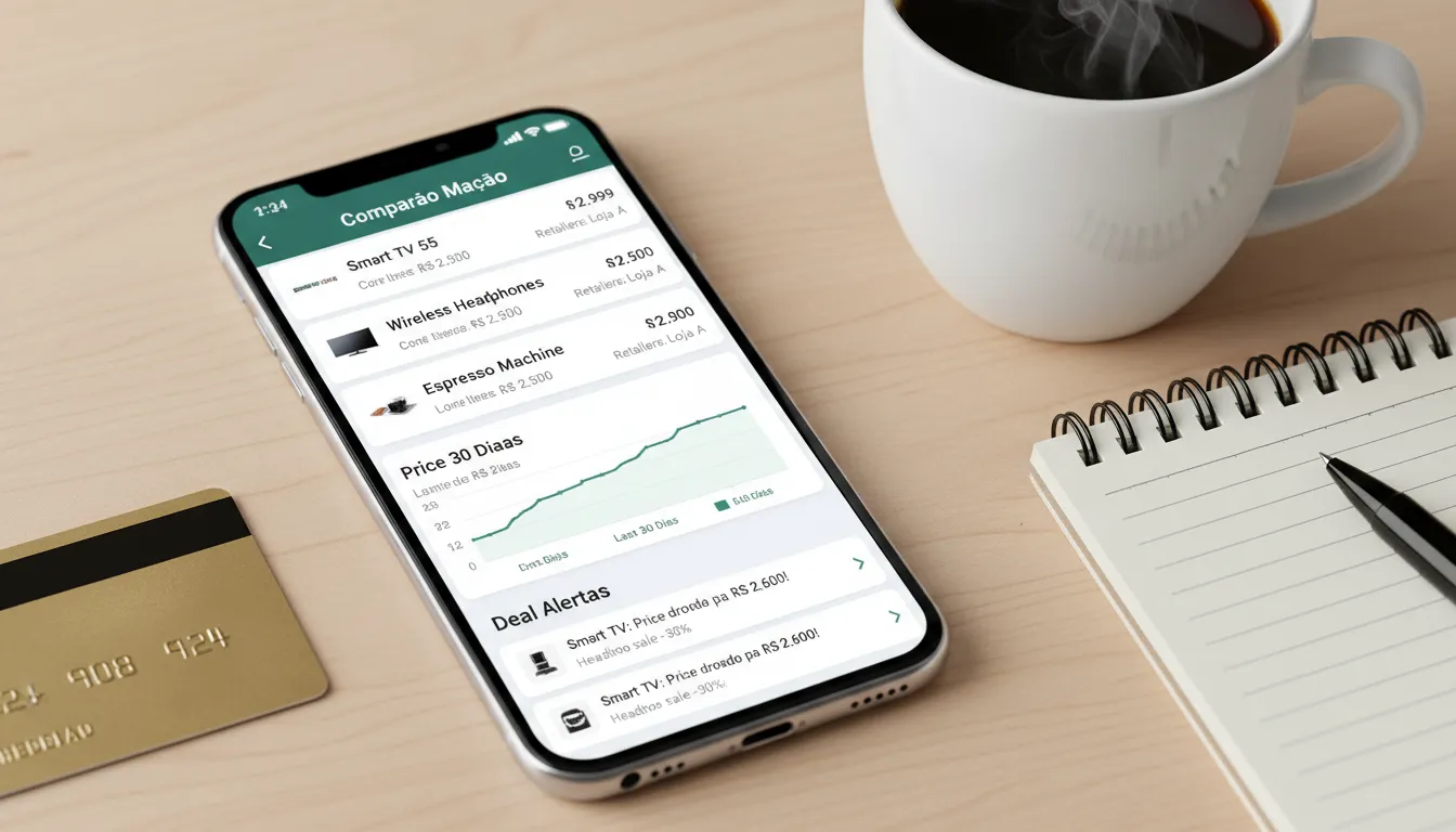 App de comparação de preços em smartphone com produtos e ofertas, cenário de consumo inteligente e digital
