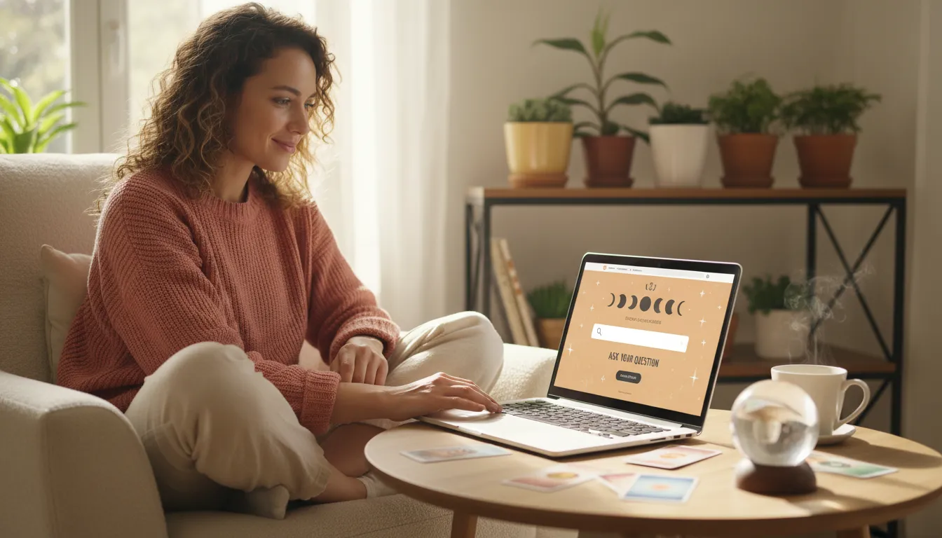 Mulher sorrindo, digitando pergunta em site de tarot online. Ambiência positiva e convidativa enfatiza a importância de perguntas bem formuladas.