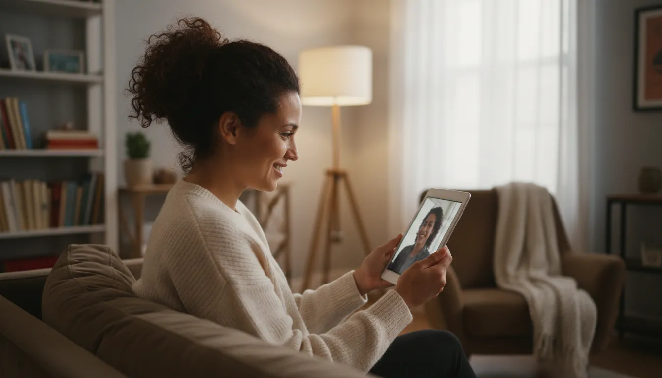 Indivíduo em videochamada online, conectando-se com um especialista para suporte após realizar uma Avaliação de Risco Psicossocial.