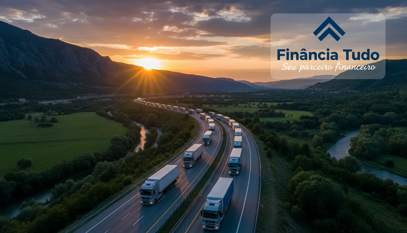 Convoy de caminhões numa rodovia ao pôr do sol com o logo da Financia Tudo, representando o sucesso e o crescimento no financiamento de caminhões.