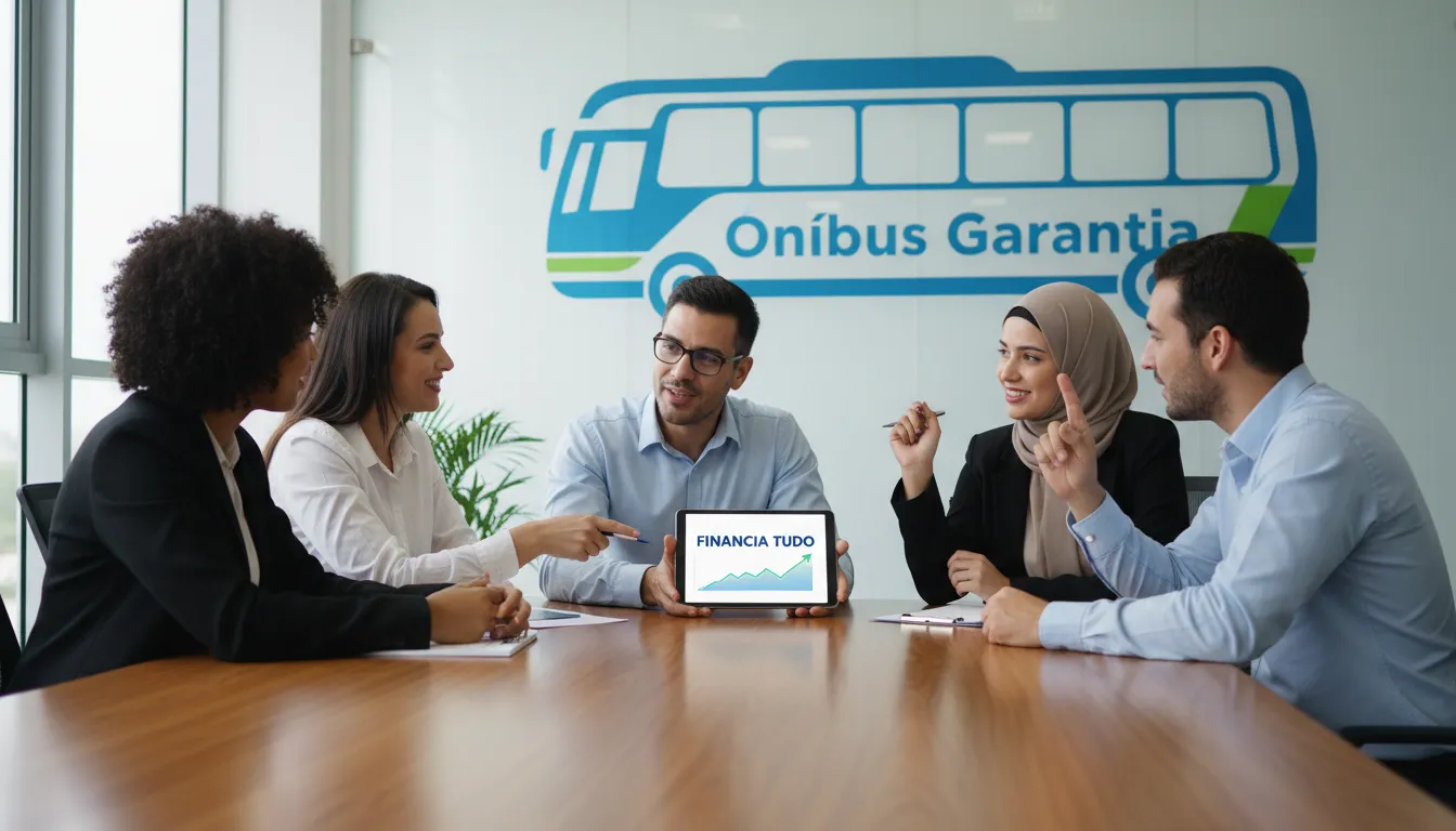 Grupo diverso discutindo planos financeiros com a Financia Tudo, mostrando um gráfico de crescimento e um ônibus ao fundo, representando o empréstimo com ônibus em garantia.