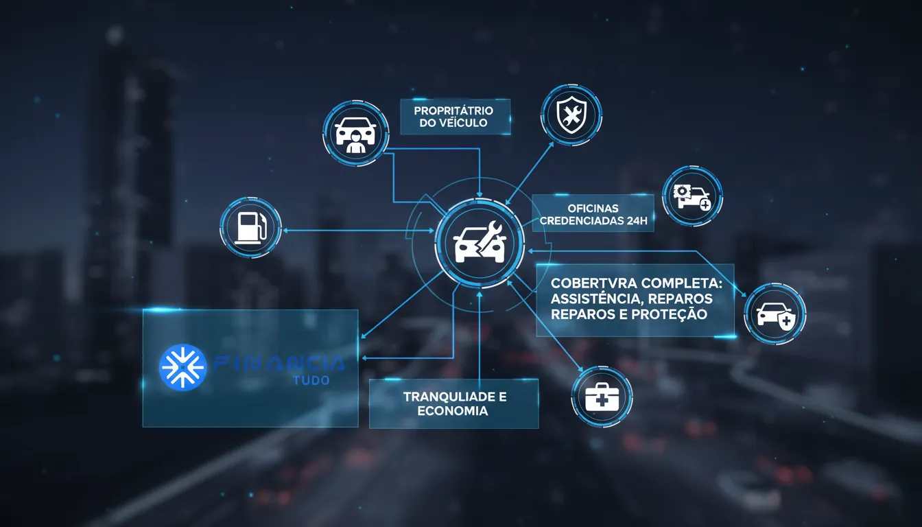 Ilustração detalhada de como funciona proteção veicular, mostrando a rede de suporte e benefícios para os associados com clareza e didatismo.